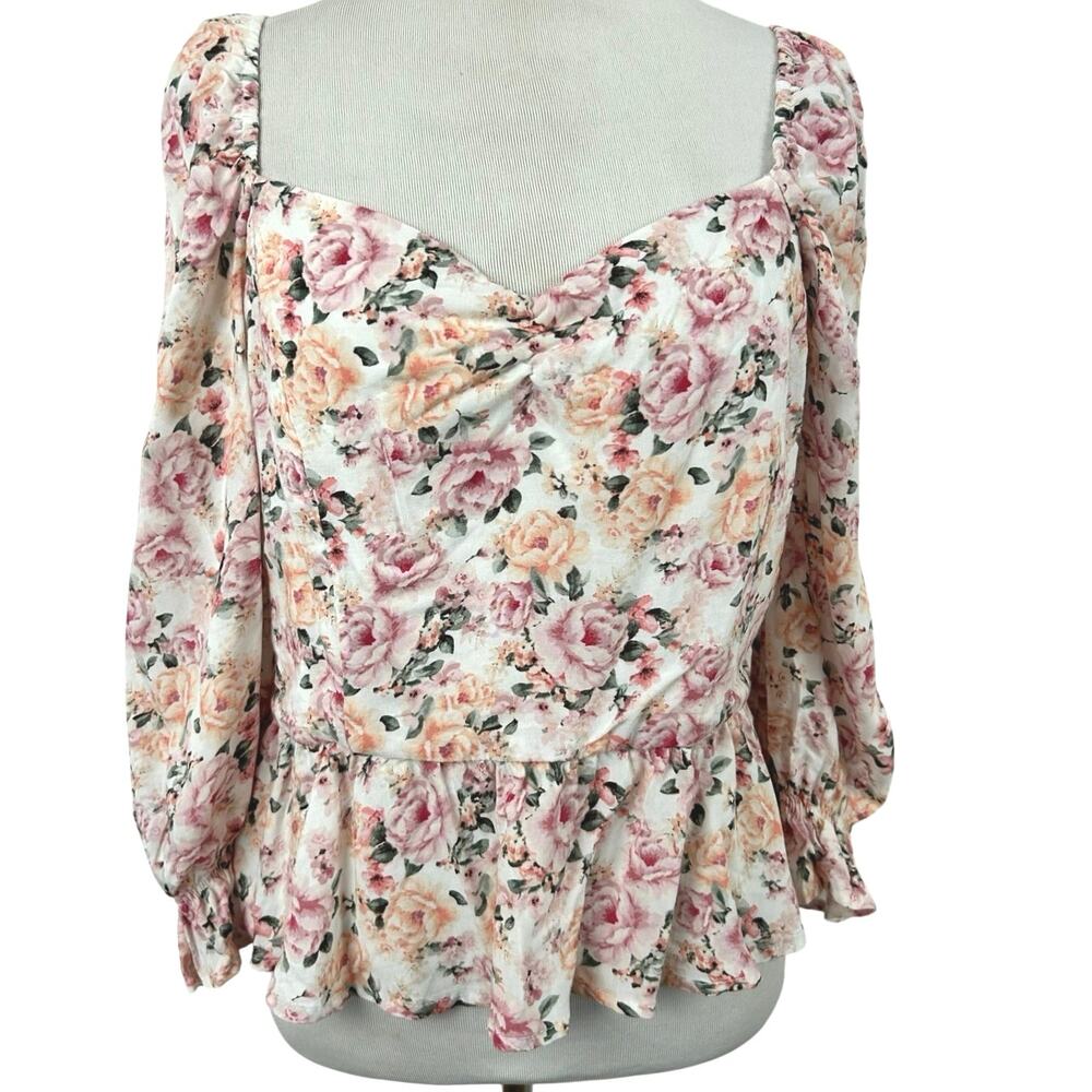 Mi Ami Francesca's Floral Peplum Blouse L Puff Sleeve Tie Back Cottagecore